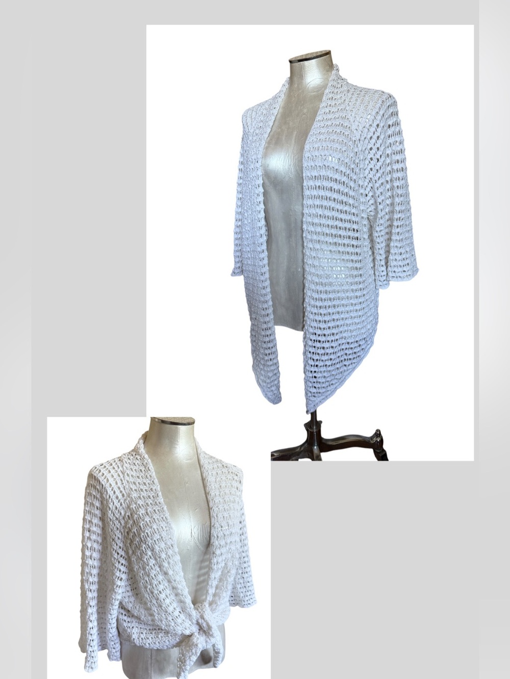 Jones Studio White Open Knit Cardigan Sweater Layering Tie Front 3/4 Sleeve 2X